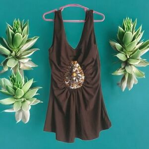 Wild Cat Y2k Sleeveless Rhinestone Sequins Deep V-neck Top Size Small